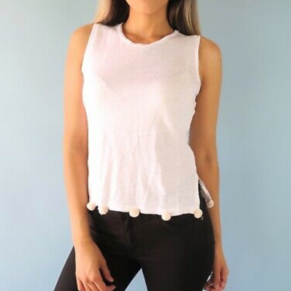 J. Crew White Linen Tank with Pom Poms